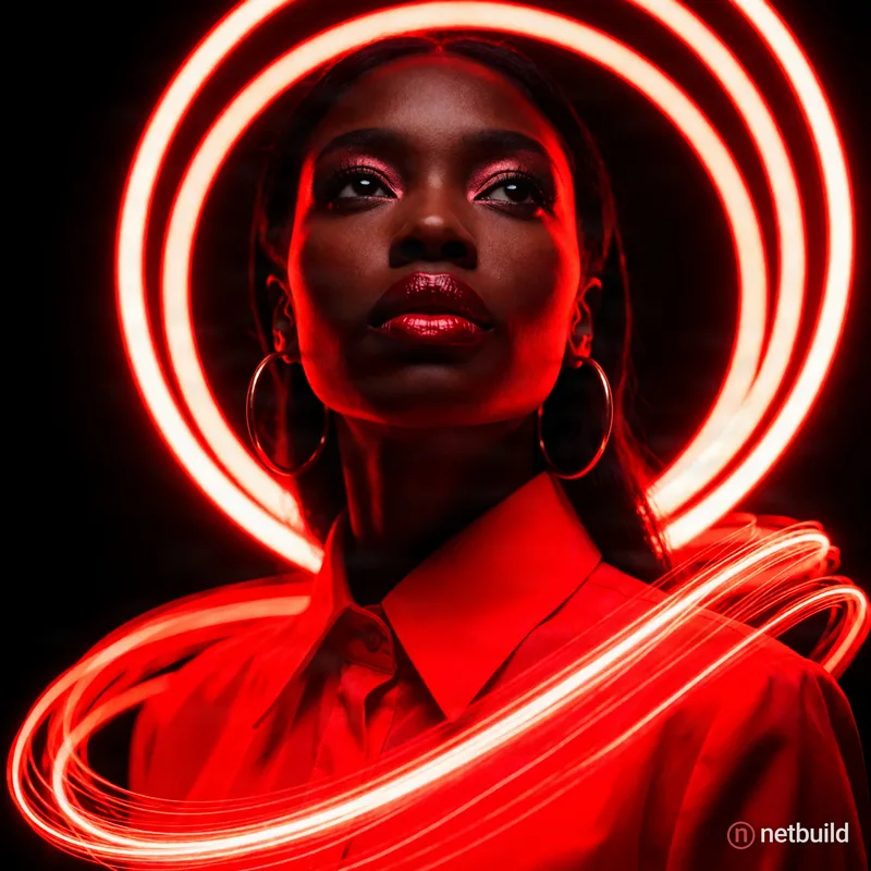 Hyper-realistic close-up portrait of a Black woman gazing upwards, illuminated by intense monochromatic neon red lighting. Glossy lips, shimmering eye...