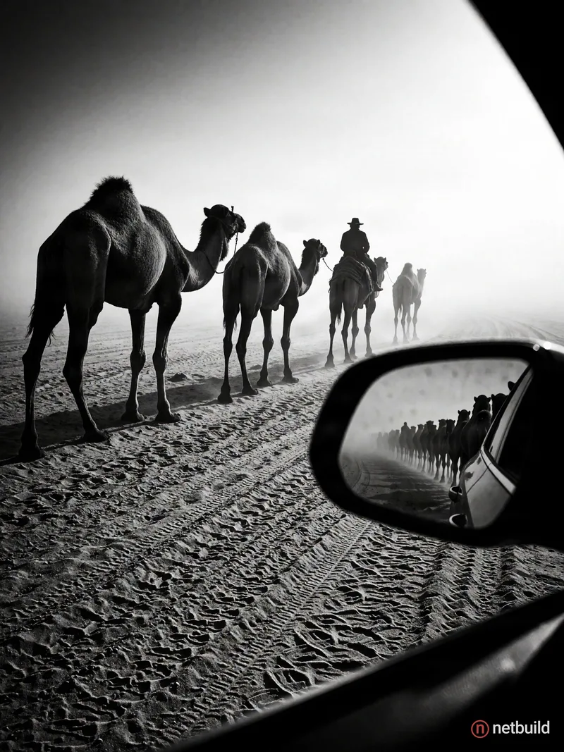 High-contrast black and white photograph of three camels and a solitary rider traversing a desolate, foggy desert. Right foreground features a sharp c...
