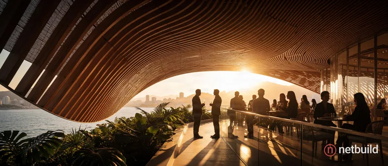 Cinematic wide shot of an elevated outdoor patio during golden hour, dominated by a massive, sweeping canopy of curved wooden slats. Silhouetted patro...