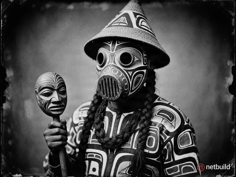 vintage sepia wet plate photograph, portrait of a figure wearing a large enclosed dome mask with geometric vents, mask and tunic covered in bold indig...