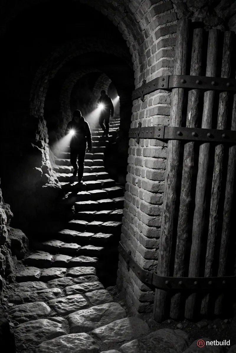 two silhouetted figures descending a winding stone staircase into pitch-black darkness, harsh flashlight beams piercing the shadows, black and white c...