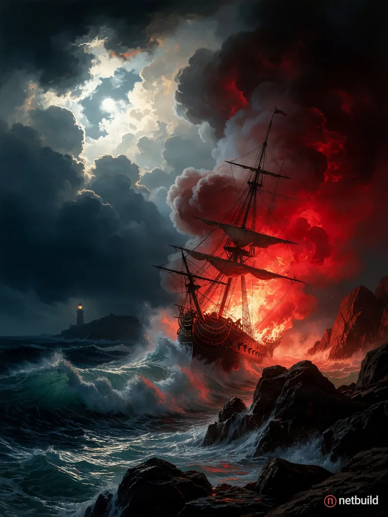 A classical romanticist oil painting of a burning sailing ship crashing against jagged dark rocks during a violent storm. Intense red flames and thick...