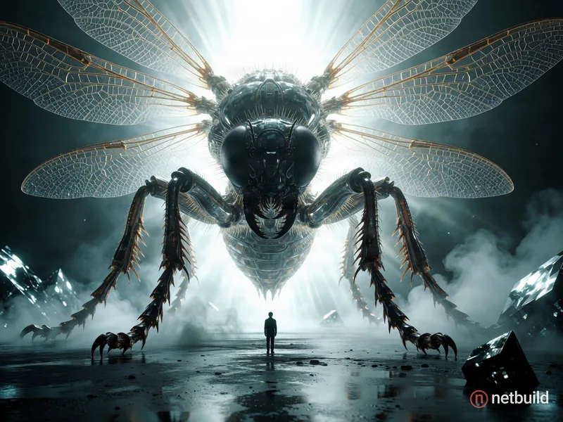 Colossal symmetrical biomechanical insect radiating intense white light, towering over a tiny human silhouette in the foreground. Translucent veined w...