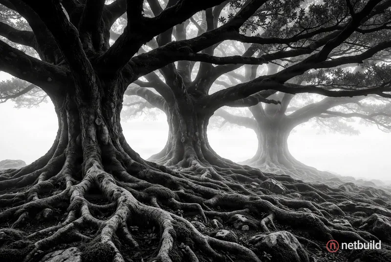High-contrast black and white photograph of three massive, ancient trees with thick, gnarled trunks and sprawling exposed root systems gripping rocky,...