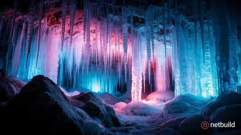 Dramatic interior of a crystalline ice cave, wide angle perspective. Thousands of sharp, densely packed icicles hang from the ceiling, glowing etherea...