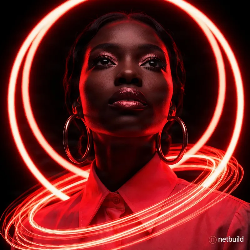 Hyper-realistic close-up portrait of a Black woman gazing upwards, drenched in intense monochromatic neon red lighting. Glossy lips, shimmering eyesha...