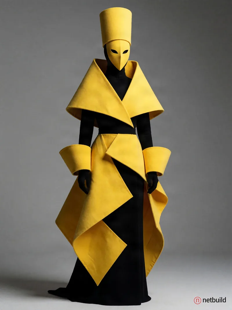 Full-length studio portrait of a figure in a geometric avant-garde costume against a seamless gray backdrop. Stiff, bright yellow, origami-like shapes...