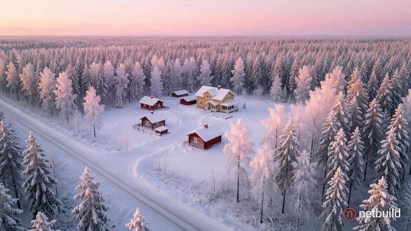 High-angle aerial shot of a secluded winter homestead in a vast boreal forest under a soft pastel pink gradient sky. A pristine white clearing feature...
