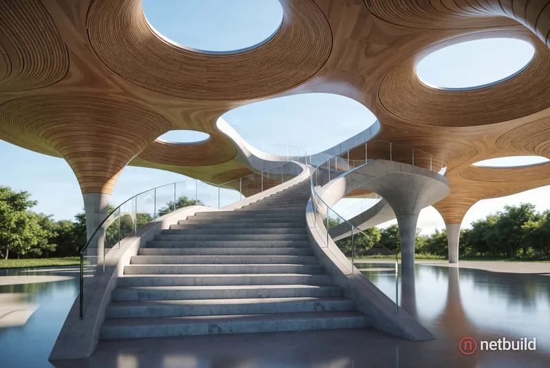 Photorealistic 3D architectural render of an open-air pavilion in organic modernism style. A low angle perspective captures a wide central concrete st...
