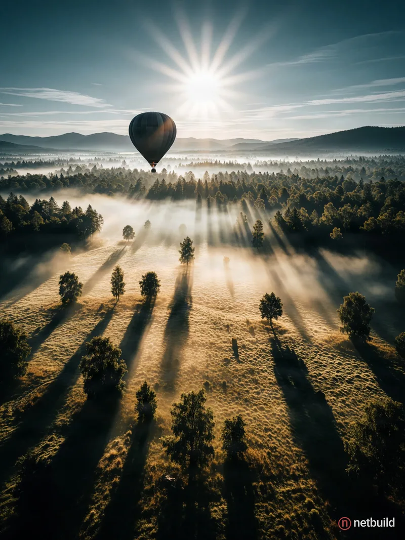 Wide aerial landscape photograph of a dark hot air balloon drifting above a vast, mist-draped forest at sunrise. A brilliant central sun creates an in...