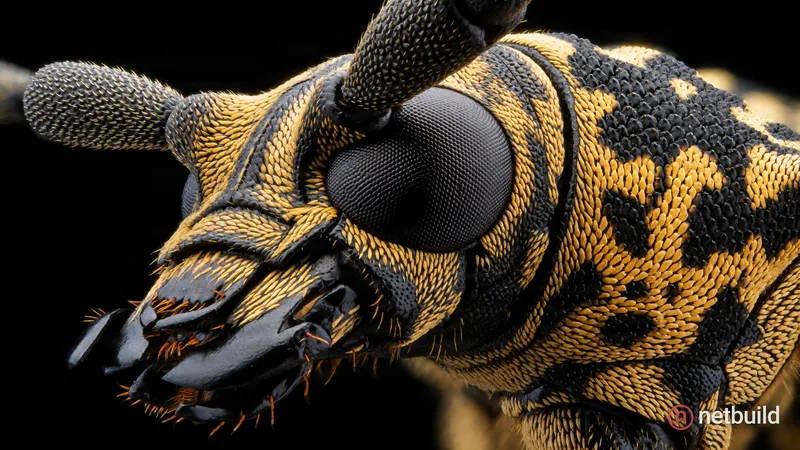 extreme macro profile of a beetle head, large faceted compound eye, mottled black and ochre exoskeleton, sharp mandibles, thick antennae, intricate ch...