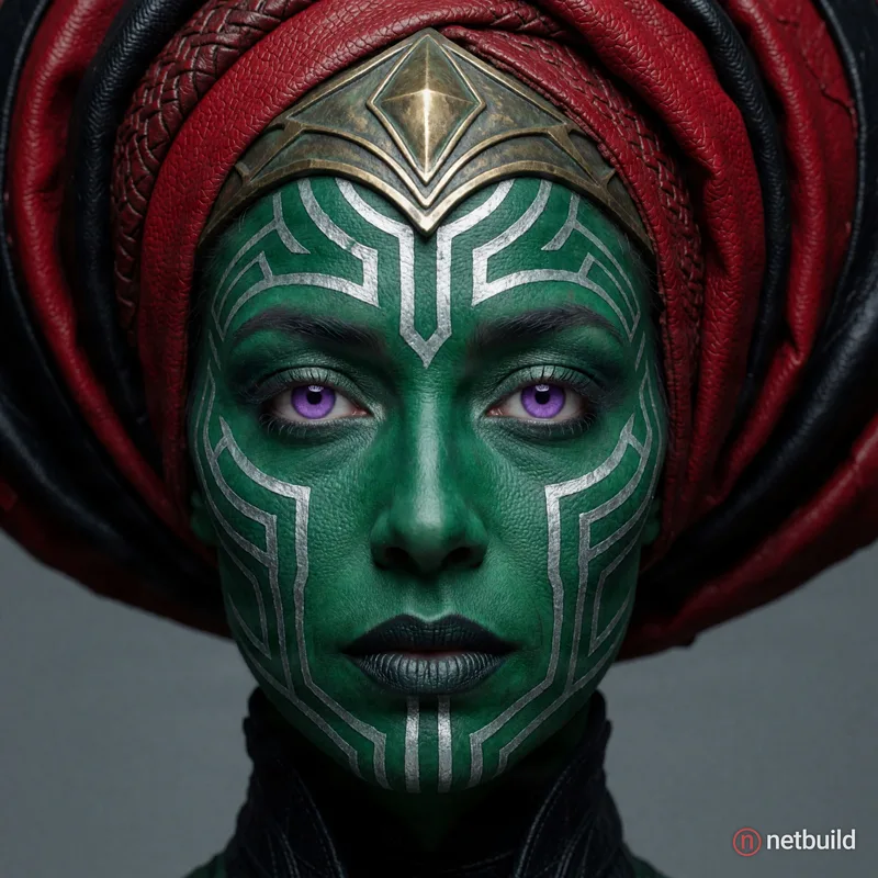 Extreme close-up symmetrical portrait of a woman with emerald-green skin and stark silver geometric facial tattoos, piercing violet eyes, dark lips, a...