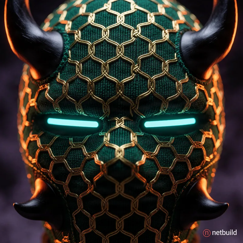 Extreme close-up macro photography of a deep emerald green textured fabric mask with a raised interlocking brushed gold hexagonal grid. Narrow glowing...