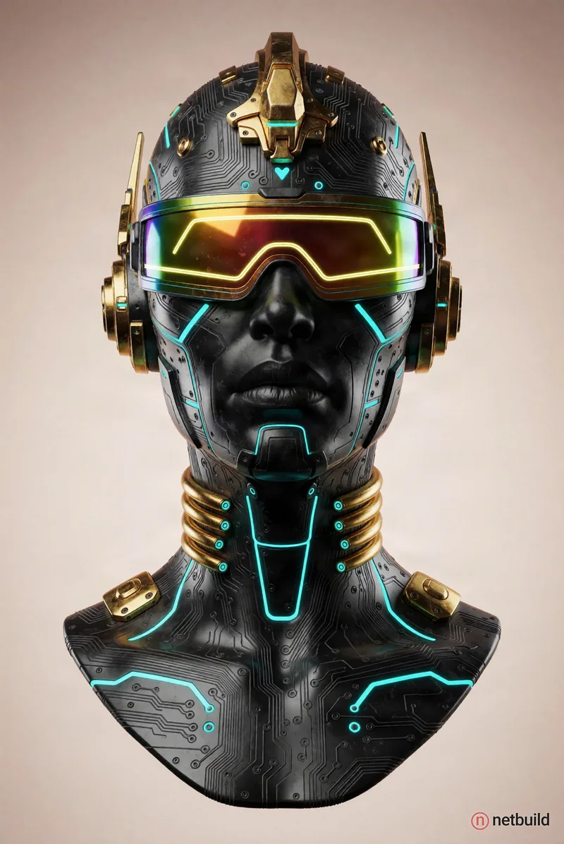 Detailed 3D render of a cybernetic humanoid bust featuring matte black skin etched with intricate circuit patterns and glowing cyan LED accents. An ir...