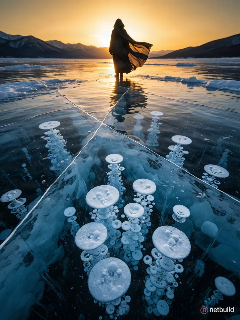 Cinematic wide low-angle shot of a solitary cloaked figure as a backlit silhouette on a vast frozen lake. Thick foreground ice reveals intricate clust...