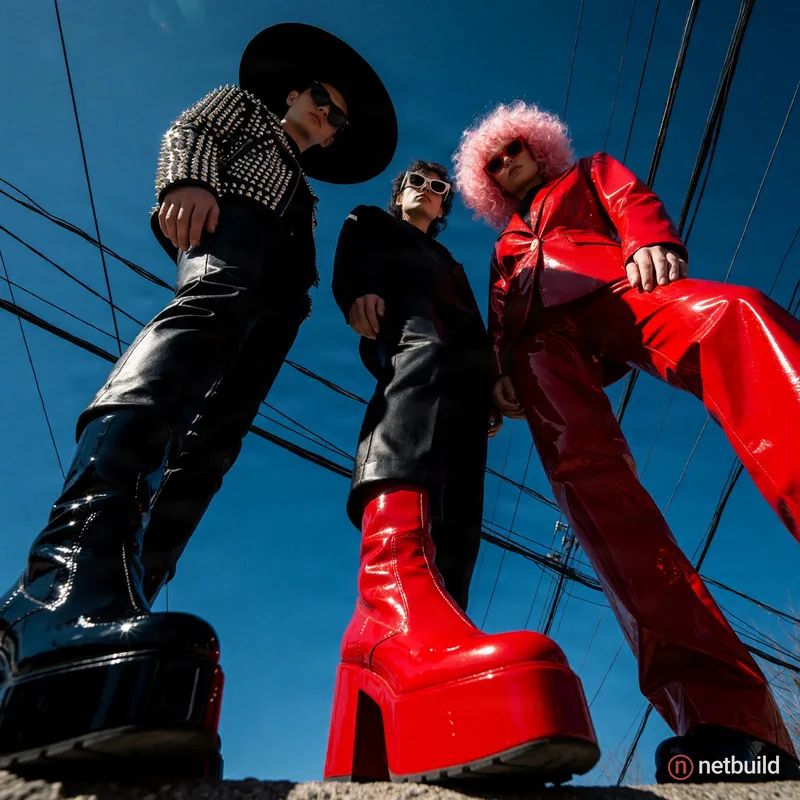 Extreme low angle wide-shot of three models looming over the camera against a deep blue sky intersected by dark power lines. Left: wide-brimmed black...