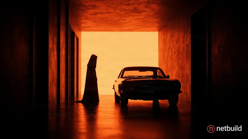 Cinematic wide shot of a dark, narrow corridor where a sharp silhouette of a mysterious figure stands beside a sleek classic car. A blindingly bright,...