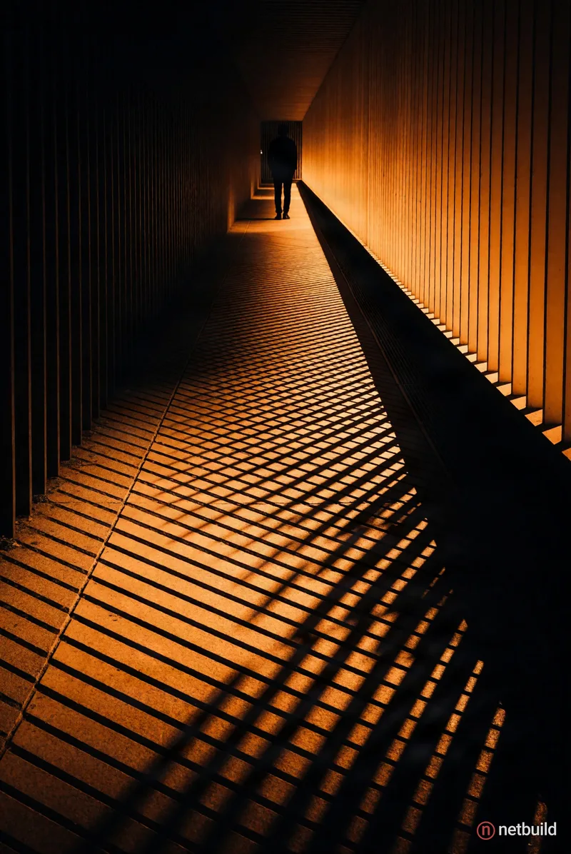 Cinematic night photography of a distant, mysterious silhouette standing at the end of a geometric slatted walkway. Strong one-point perspective drawi...