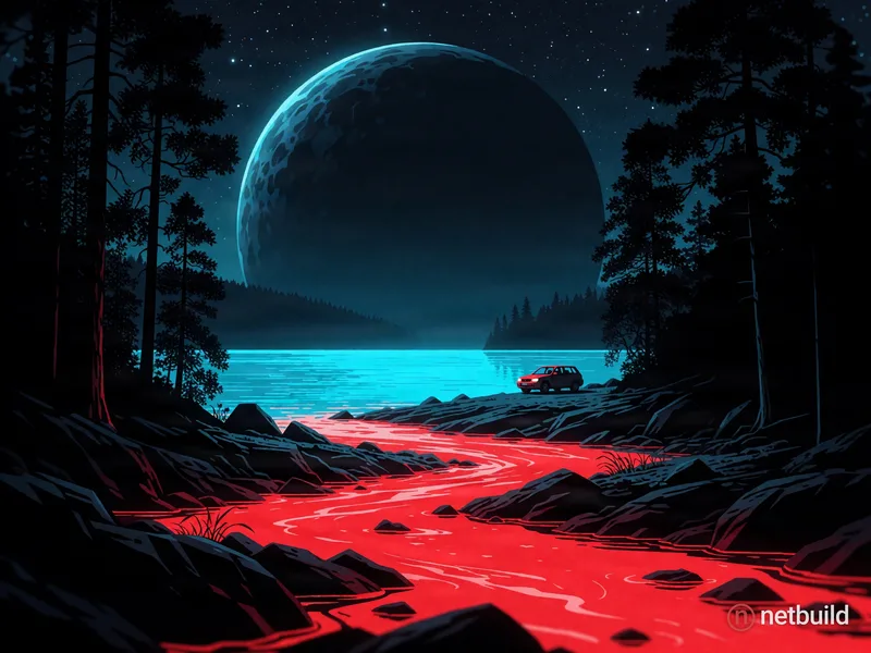 Vivid red river flowing through jagged rocky terrain into a glowing cyan lake, tall silhouetted trees framing the scene, a small parked car on the sho...