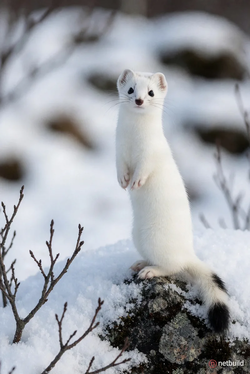 Sharp wildlife photograph of a white ermine with a black-tipped tail standing upright on its hind legs atop a dark, snow-dusted rock, front paws held...