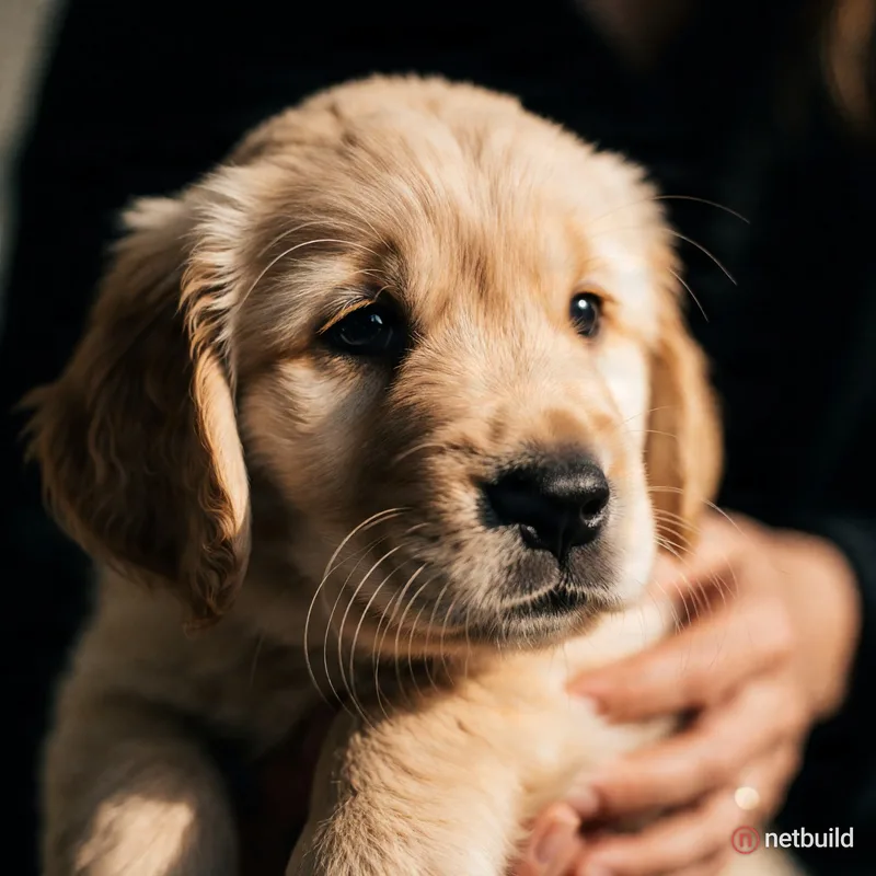 Hyper-realistic close-up portrait of a golden retriever puppy gazing slightly off-camera with soft, expressive dark eyes. Detailed fluffy light golden...
