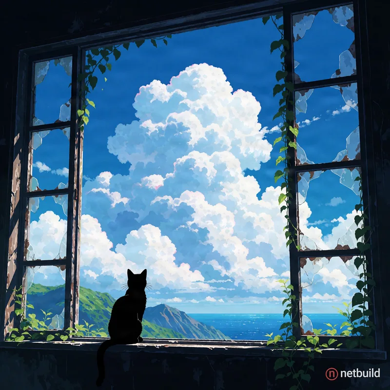 Anime-style digital art, ultra-wide shot from a dark interior. A sharp black cat silhouette sits on a dark ledge, gazing through ruined grid window fr...