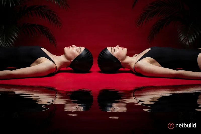 High-fashion editorial shot of two women in sleek black swim caps and swimsuits lying flat on a vibrant crimson surface, heads touching crown-to-crown...