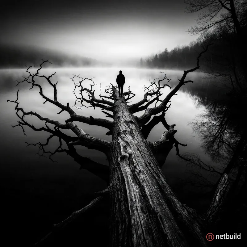 Dramatic black and white wide-shot photography of a solitary silhouette perched atop a massive, weathered fallen tree trunk that extends deep into a m...