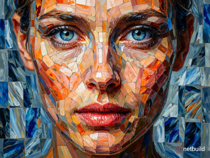 A close-up portrait of a woman's face in a mosaic collage style. The woman is facing forward symmetrically with her blue eyes being the most detailed,...